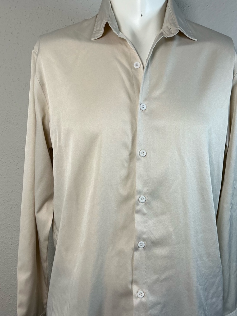 SHEIN Men's Long-Sleeve Satin Button-Up Shirt in Light Beige - Picture 3 of 9